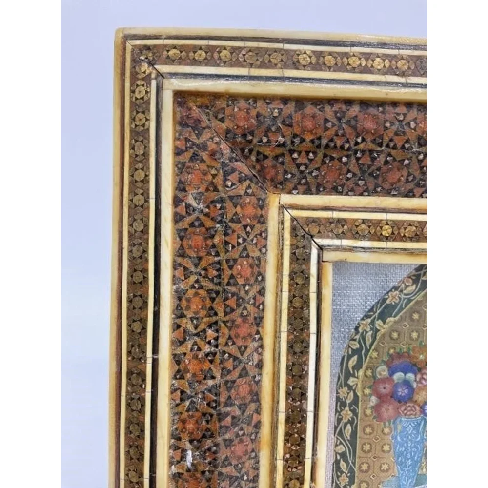 Persian Khatam Inlay Frame w/ Qajar Style Miniature Art Print 6.75x8.125